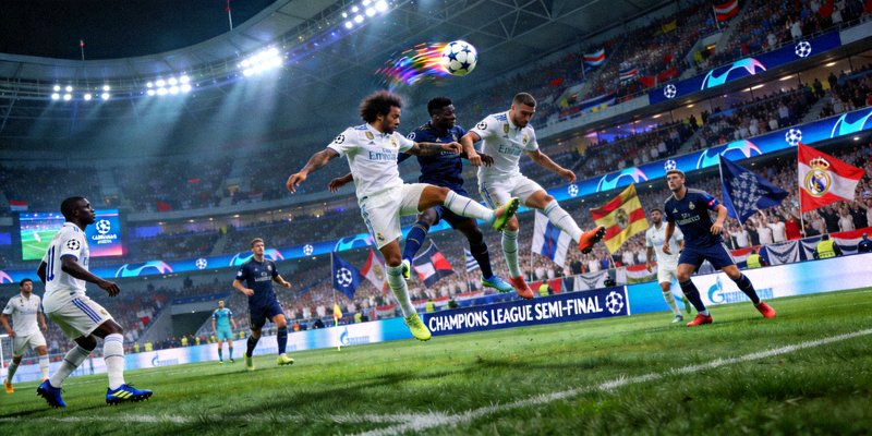 欧冠半决赛激烈比赛现场，球员正在争抢足球